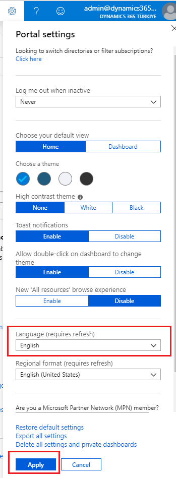 Azure Portal Ayarları — Dil Değiştirme