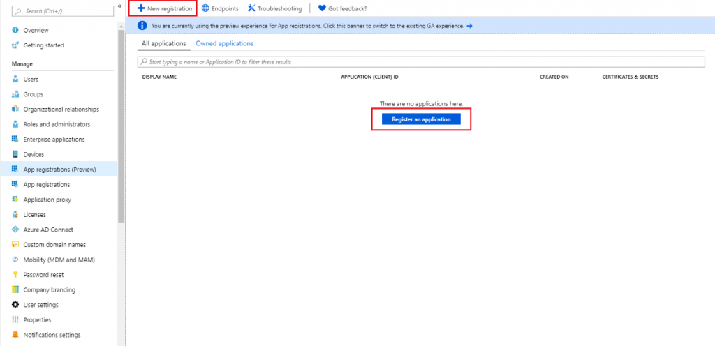 Azure Active Directory — App Registrations (Uygulama Kayıtları) Ekranı — PREVIEW