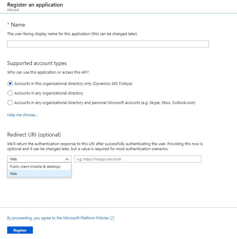 App Registrations — Yeni Uygulama Ekleme Ekranı