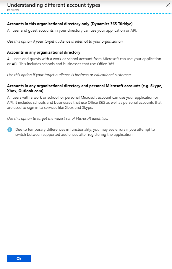 Supported Account Types — Yardım Ekranı
