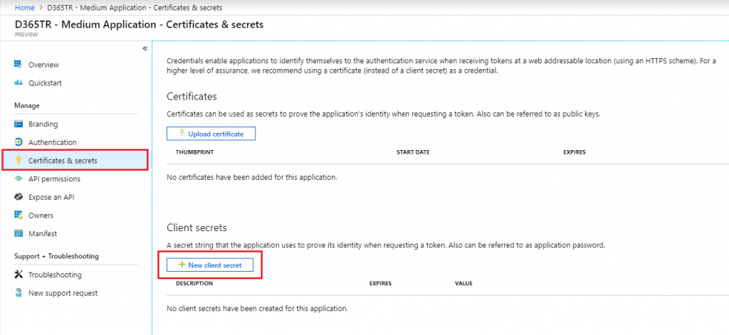 App Registrations — Certificates & Secrets — Ana Ekranı