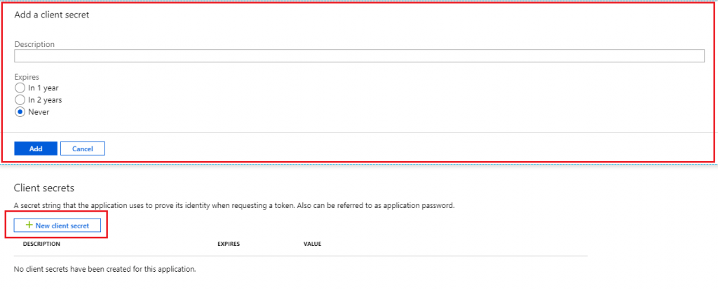 App Registrations — Certificates & Secrets — Yeni Client Secret Oluşturma PopUp Ekranı