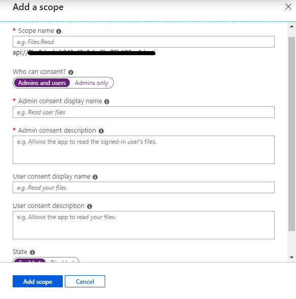 App Registrations — Expose an API — Add Scope (Kapsam Ekleme) — Admins and Users