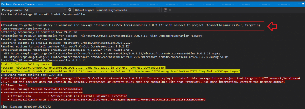 Microsoft.CrmSdk.CoreAssemblies 9.0.2.9 ve sonrası için minimum .NET Framework 4.6.2 gereklidir.