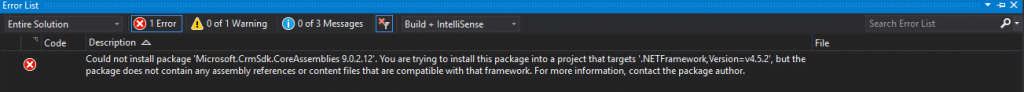 Microsoft.CrmSdk.CoreAssemblies 9.0.2.9 ve sonrası için minimum .NET Framework 4.6.2 gereklidir.