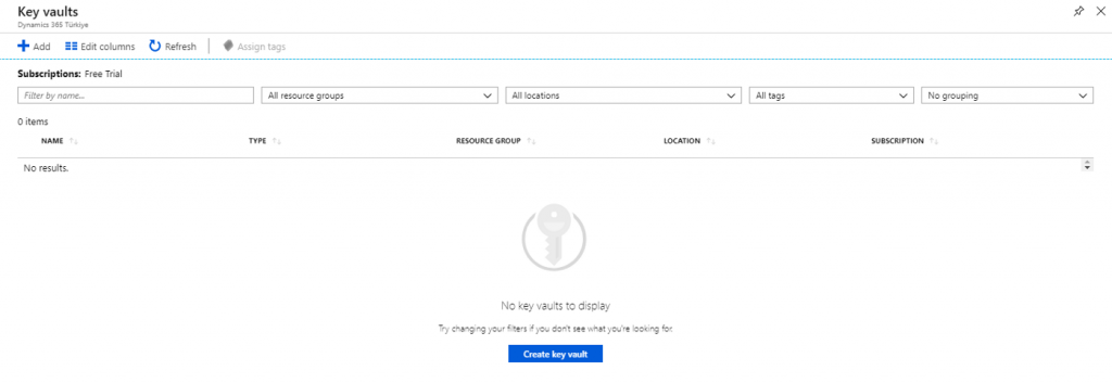 Azure Portal - Key Vaults Listeleme Ekranı