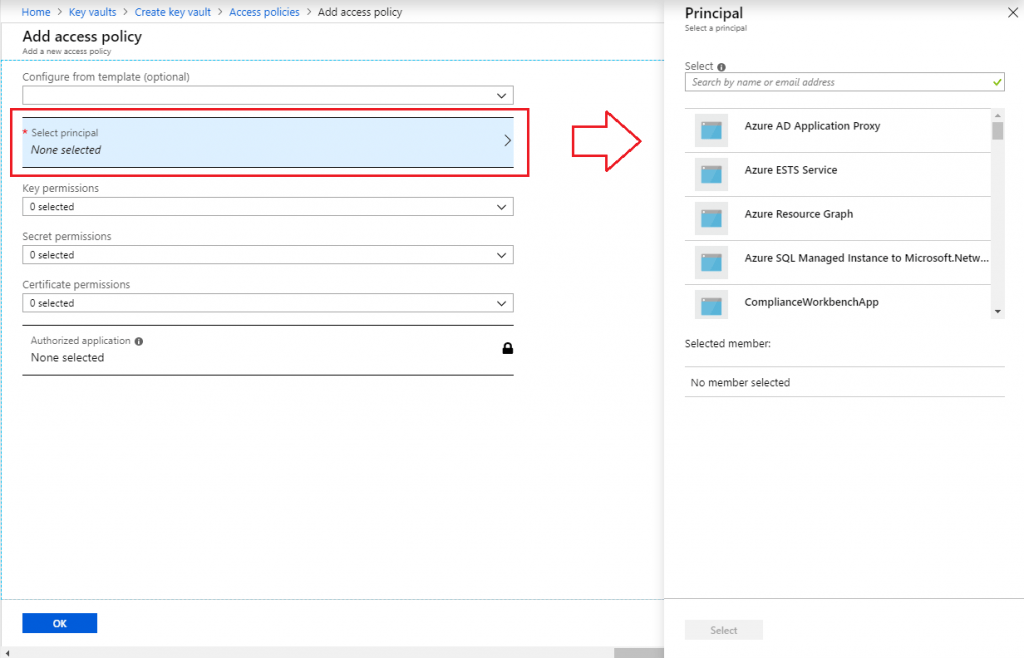 Key Vaults - Access Policies - Select Principal 1