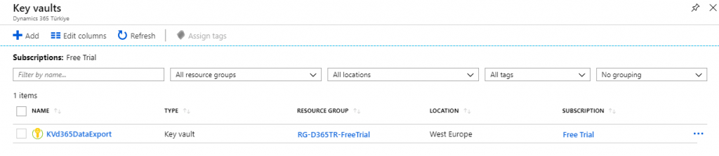 Azure Portal - Key Vaults Listeleme Ekranı
