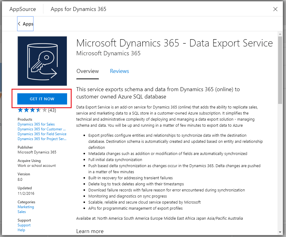 Microsoft AppSource - Data Export Service