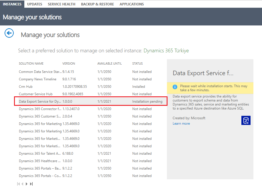 Dynamics 365 Administrator Center - Manage Your Solutions Ekranı