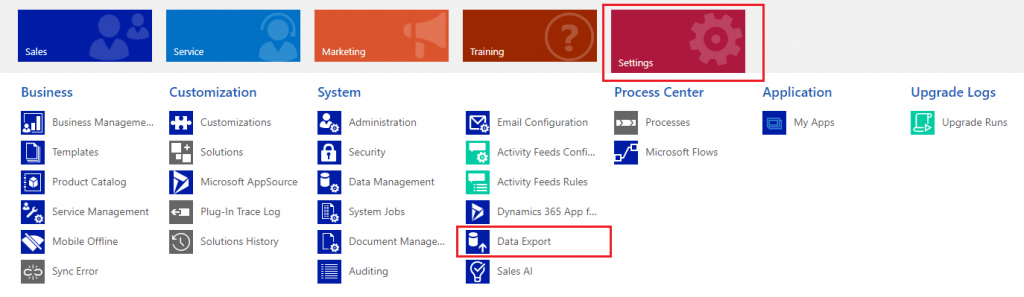 Dynamics 365 CE (CRM) Menüsü - Data Export