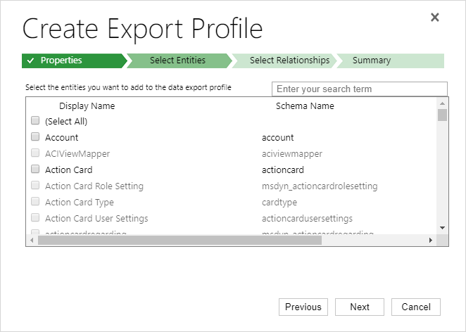 Data Export Service - Export Profile Oluşturma - Entity Seçimi