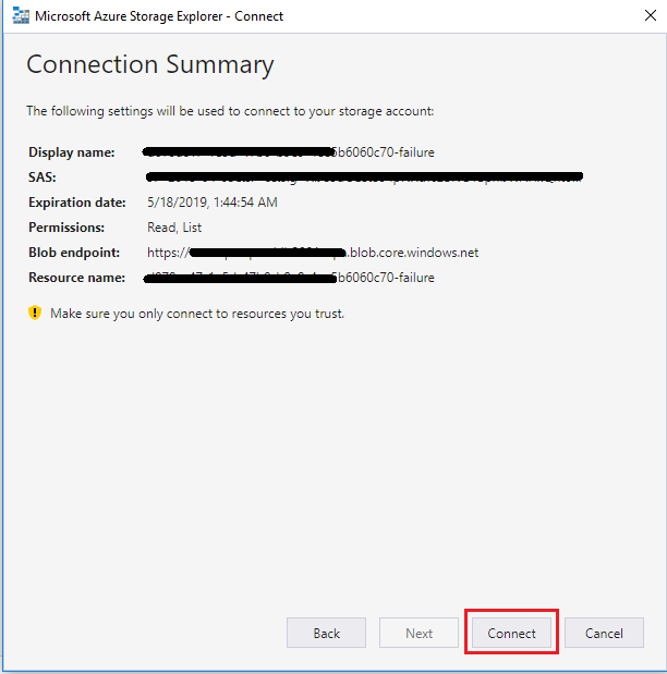 Azure Storage Explorer - Connection Summary