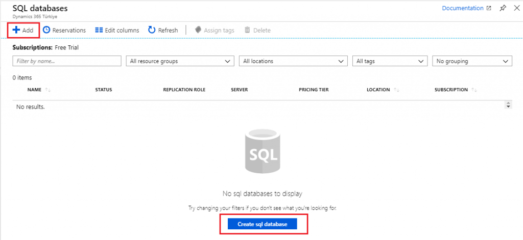 Azure Portal — SQL Database Ekranı
