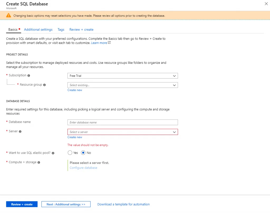 SQL Database Oluşturma Ekranı — Temel Bilgiler