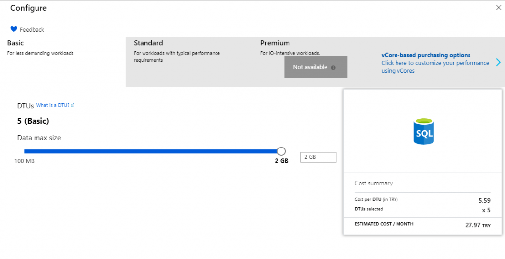 Compute + Storage — Configure Database Ekranı