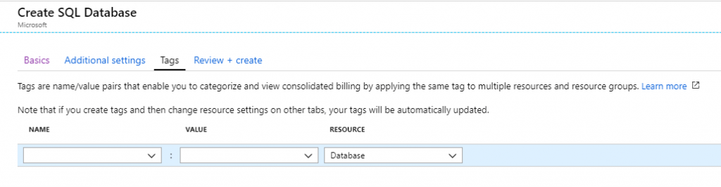 SQL Database Oluşturma Ekranı — Tags