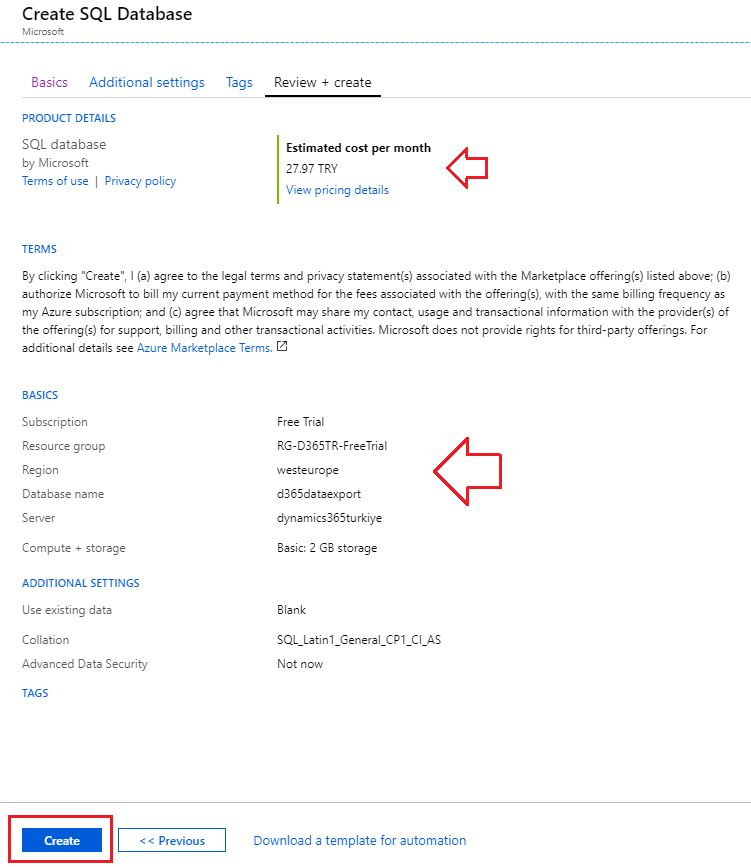 SQL Database Oluşturma Ekranı — Review + Create