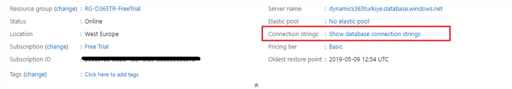 Azure SQL Database — Overview Ekranı