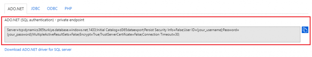 Azure SQL Database — ADO.NET Connection Strings Ekranı