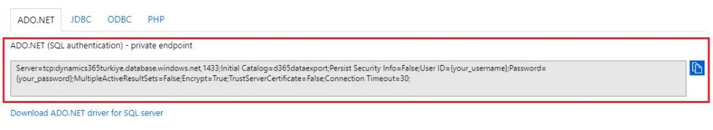 Azure SQL Database — ADO.NET Connection Strings Ekranı