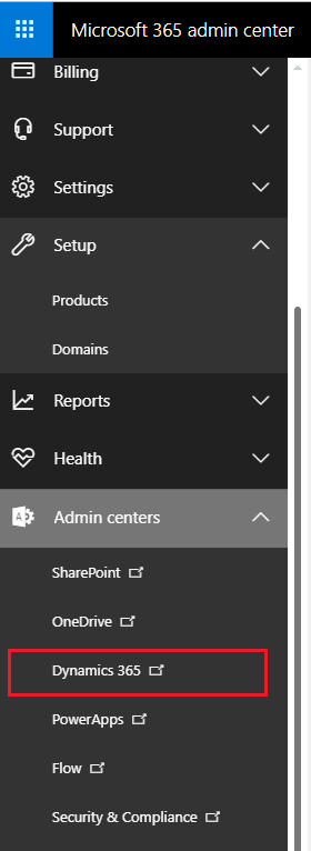 Microsoft 365 Admin Center menüsü