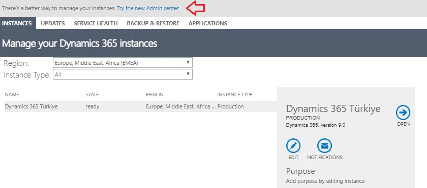 Dynamics 365 CE (CRM) Admin Paneli — eski arayüz
