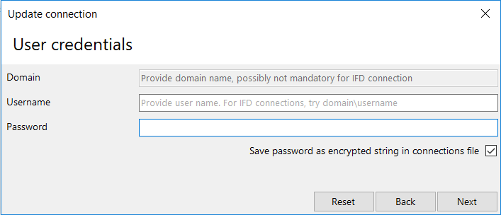 Connection Wizard — User Credentials Ekranı
