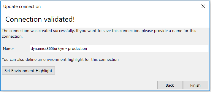Connection Wizard — Connection Validated Ekranı