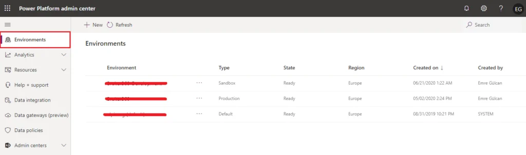 Power Platform Admin Center - Environment Listesi