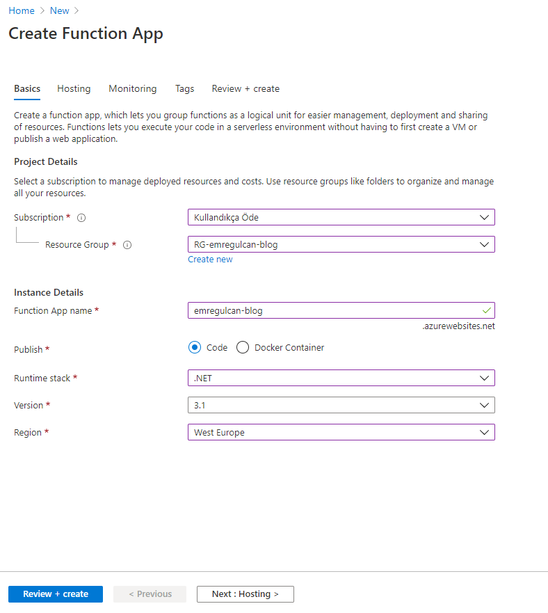 Azure Functions - Create Resource - Basic