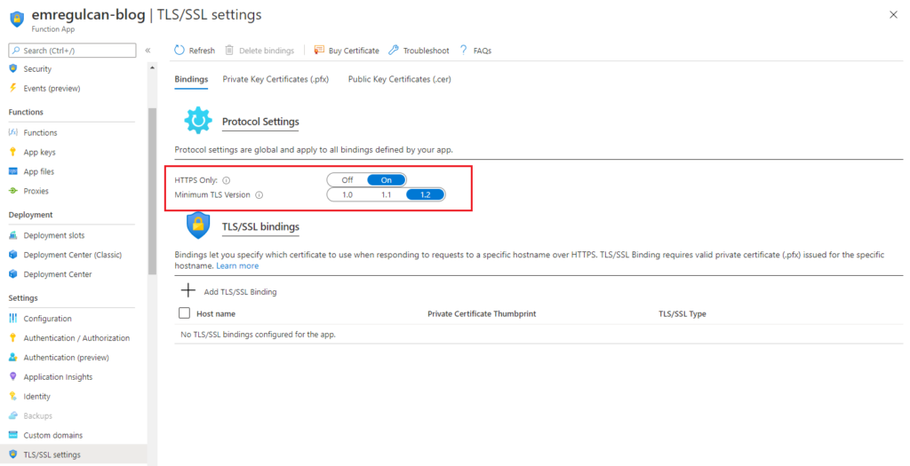 Azure Functions TLS - SSL settings