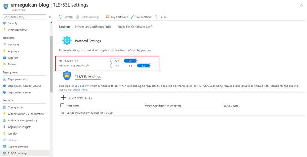 Azure Functions TLS - SSL settings