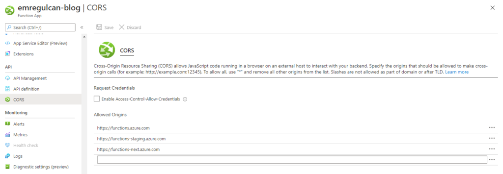 Azure Functions CORS settings